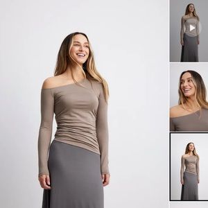 NA-KD soft line long sleeve top. Light Taupe